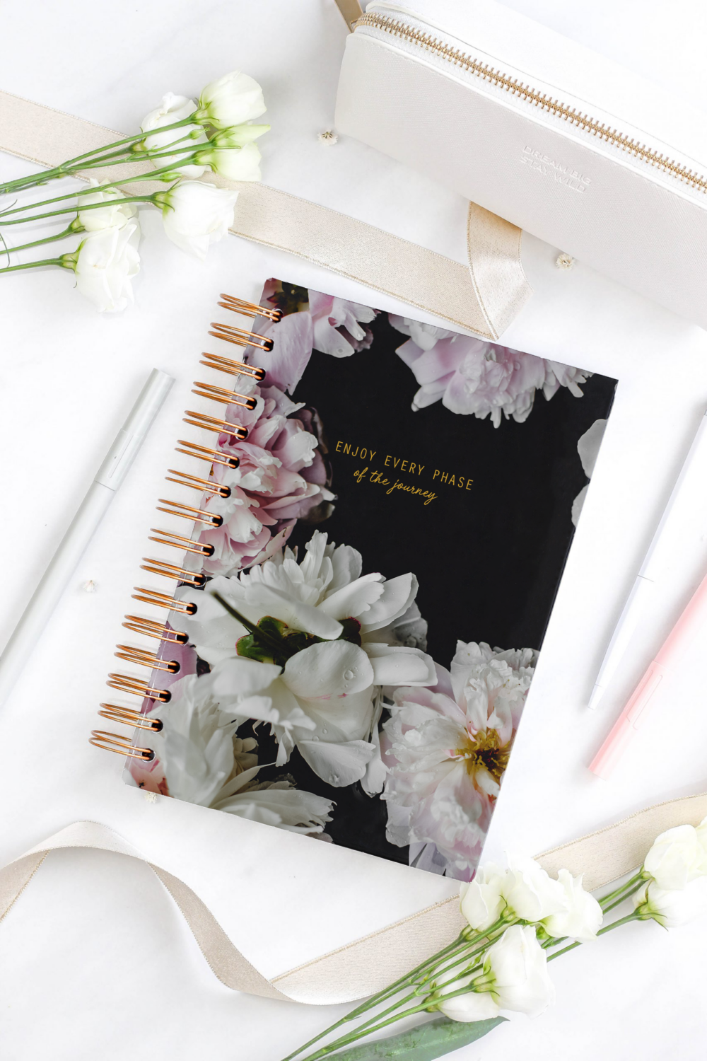 Bullet Journal / Dotted Notebook hard cover spiral binding - Peonies
